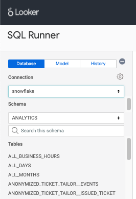 A screenshot of the SQL Runner menu within Looker showcasing the dropdown list of all data models present in the database.